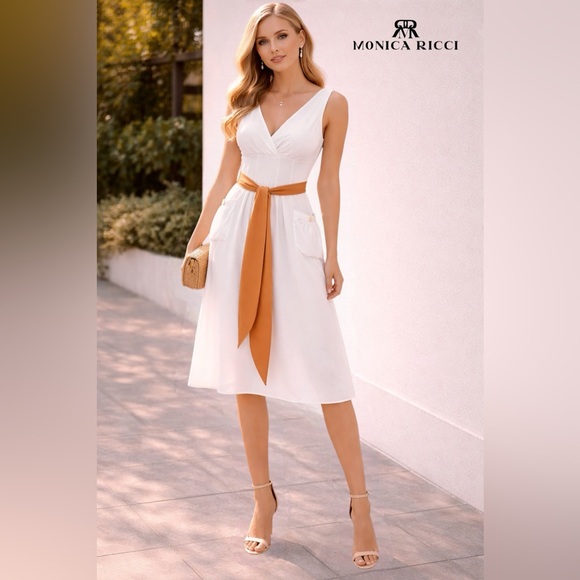Monica Ricci Dresses & Skirts - 🛍️SALE🛍️ Monica Ricci White V-Neck Sleeveless Midi Dress with Tan Waist Sash